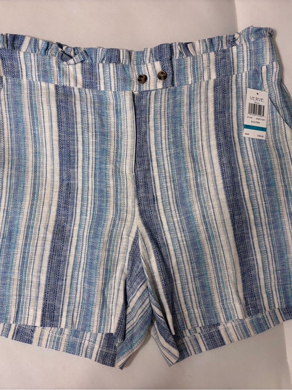 Striped Blue Linen-Blend Women's Shorts by Verve - Picture 1 of 4